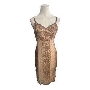 VTG Van Raalte Lingerie Slip Dress M 44 Brown Lace Mesh 50s Pin-up Sexy Midi